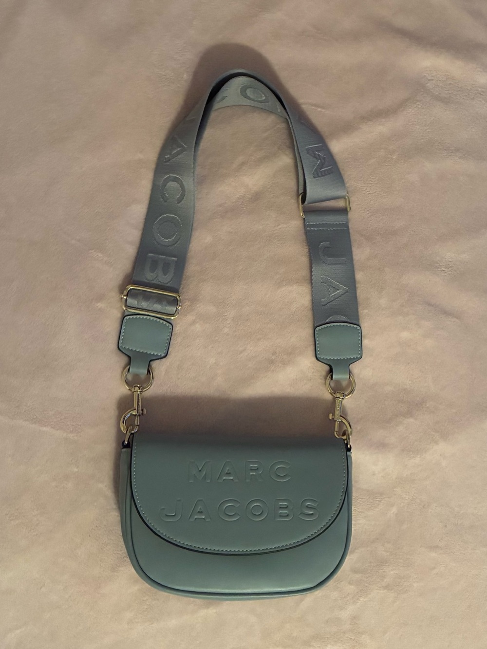 Marc Jacobs Sky Blue Leather Crossbody Saddle Bag with Wide Logo Strap